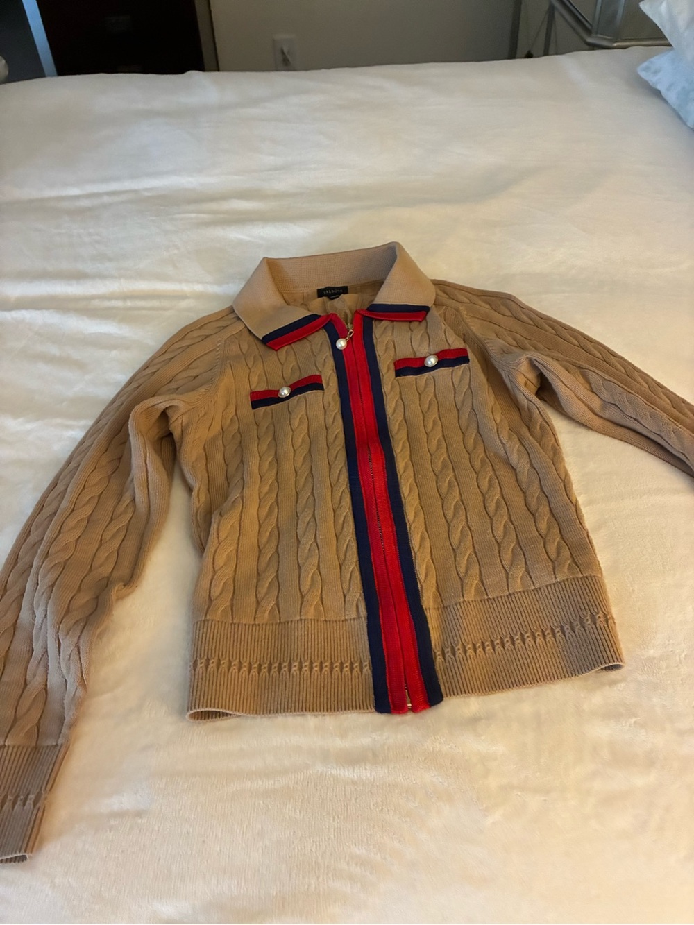 Talbots Camel Cable Knit Sweater Jacket with Red & Navy Accents